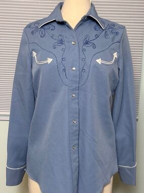 H Bar C Western Pearl Snap Shirt Blue Embroidery Womens Medium Long Sleeve